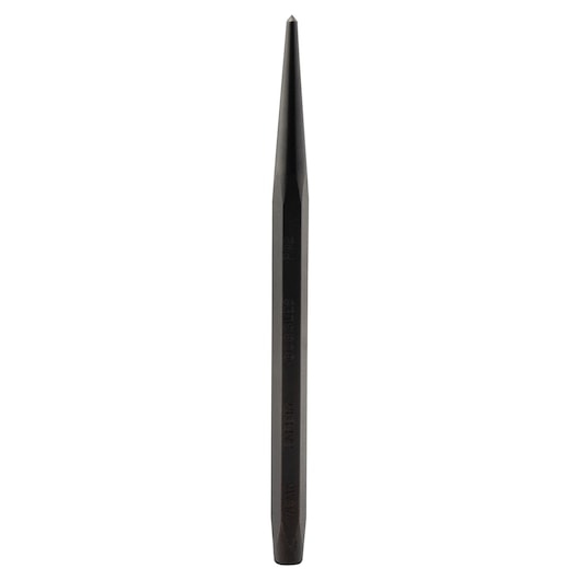 PROTO J411-4S2 black steel center punch, hexagonal body, tapered point, front view, isolated on white.