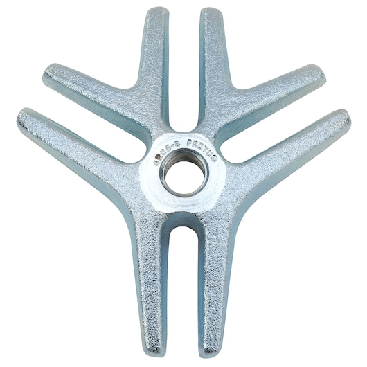 Photo of PROTO J4205B silver metallic six-arm wheel puller tool photographed from above on white background.
