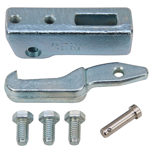 PROTO J4211BA metal latch kit with two brackets, three bolts, and a steel pin, photography on white background.