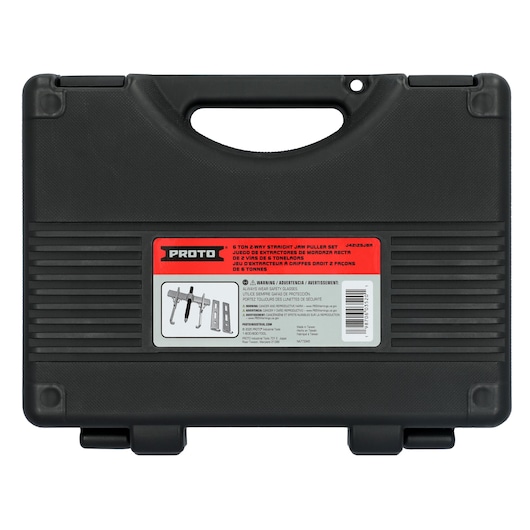 PROTO J4212SJBA 2-way straight jaw puller set case, black plastic, front angle, product label visible.