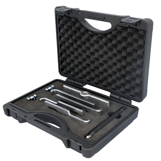 PROTO J4212SJBA puller set with metal tools and accessories in a black hard case with foam insert, angled view.