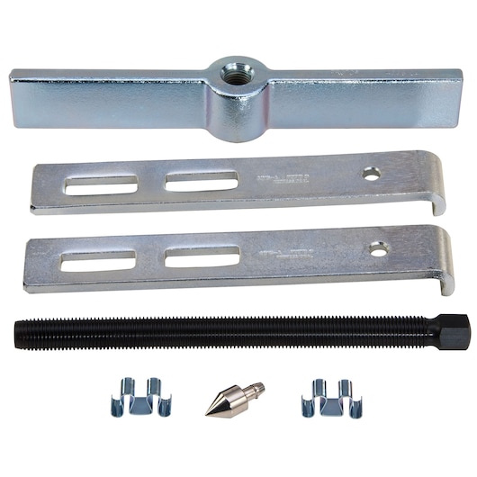 PROTO J4232 gear puller set with metal bars, threaded rod, cone tip, and small clamps, top-down angle, white background.