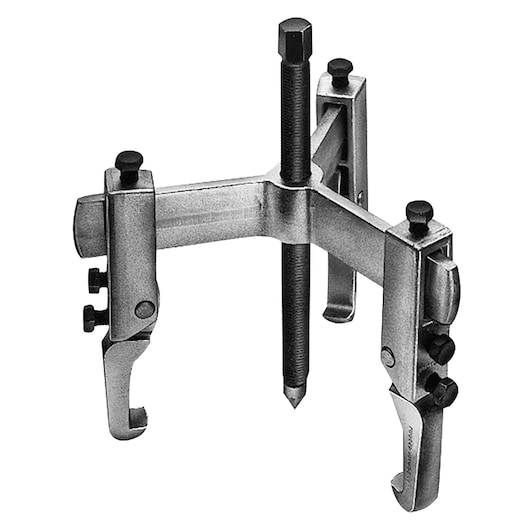 PROTO J4233E three-jaw gear puller, silver metal, front angle on white background.