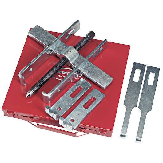 PROTO J4234B two-jaw puller set with metal parts and red case, product photography, front angle.