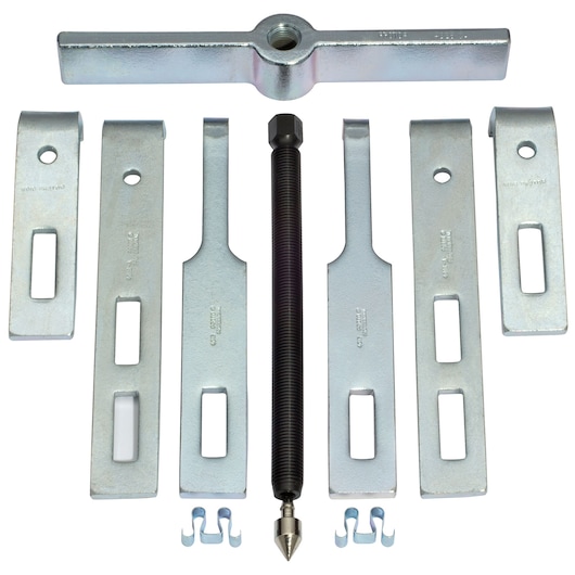 PROTO J4234 gear puller set with multiple metal arms, a central forcing screw, and accessories on white background, top view.