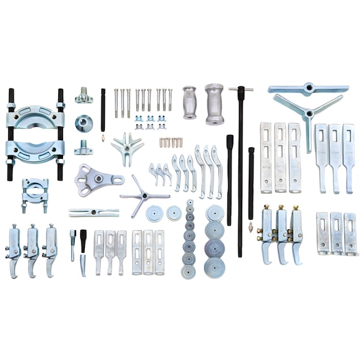 PROTO J4235A bearing separator and puller set with multiple metal components, arranged on white background, top view.