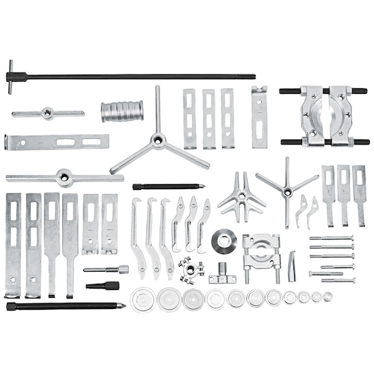 PROTO J4245 gear puller set with multiple metal components, photographed from top against white background.