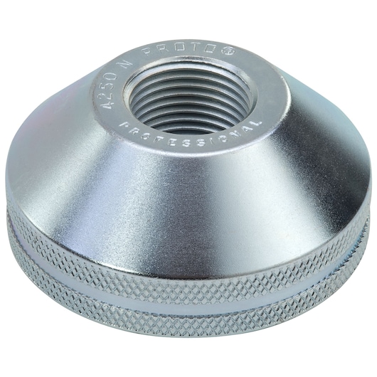 PROTO J4250N professional silver knurled round nut, close-up on white background, top angle.