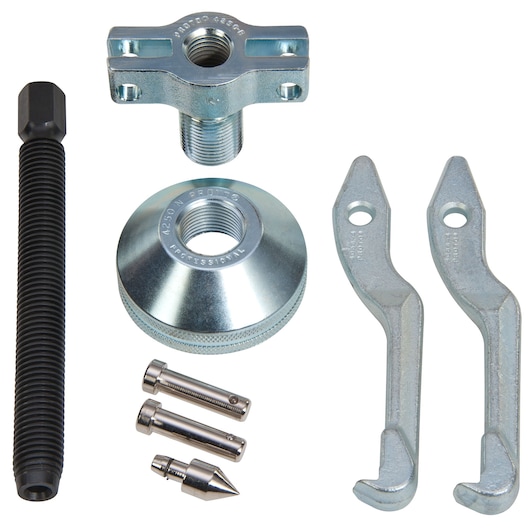 PROTO J4250 silver-tone bearing puller set components arranged on white background, including main body, arms, and pins.