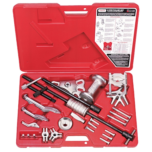 PROTO J4290B puller set in a red hard case, contains various metal puller components and instructions in lid, top view.
