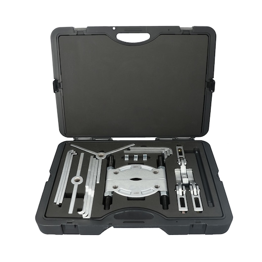 PROTO J4292BA puller set with metal tools organized in a black carrying case, photo from above.