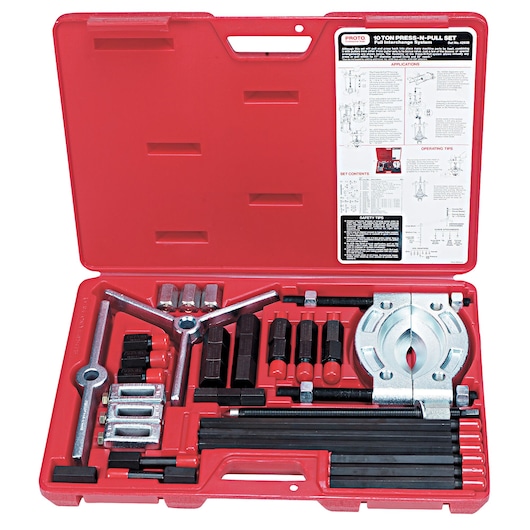 PROTO J4293B press-n-pull set in red hard case, showing metal puller components and instructions, top view.