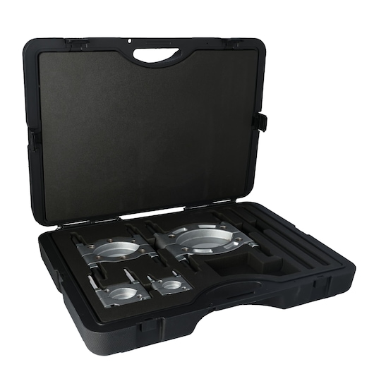 PROTO J4390BA puller set with several metal components in a black hard carrying case, angled view on white background.