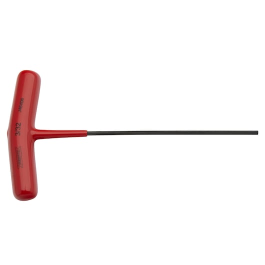 PROTO J46406 T-handle hex key with red handle and long black shaft, side view on white background.
