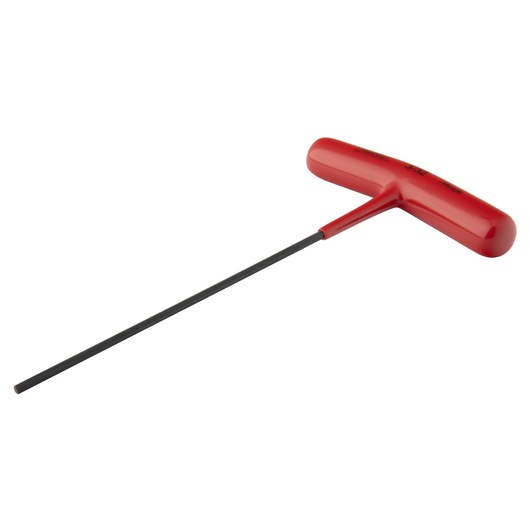 PROTO J46406 T-handle hex key with long black shaft and red handle, photography on white background.