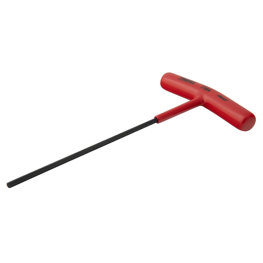 PROTO J46407 T-handle hex key with long black shaft and red handle, angled on white background.