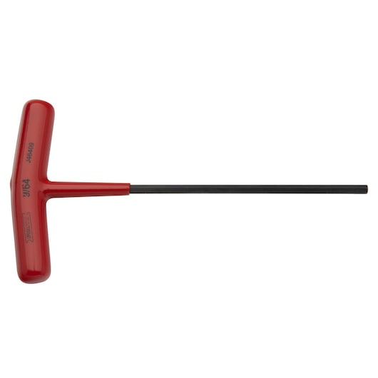 PROTO J46409 T-handle hex key with red handle and long black shaft, photographed on white background.