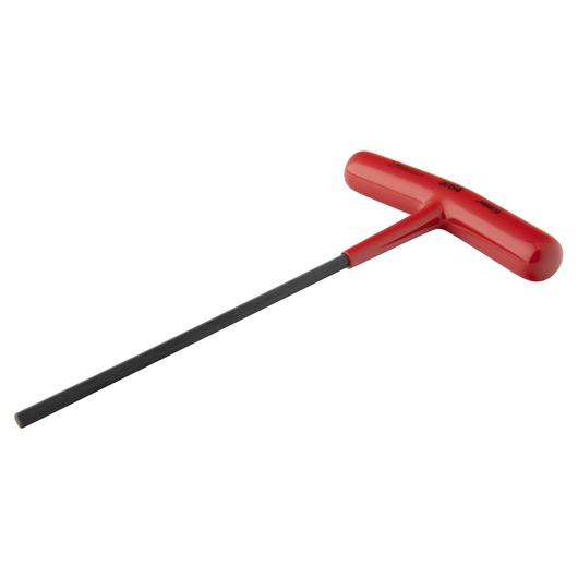 PROTO J46409 T-handle hex key with long black shaft, red handle, front angle, on white background.