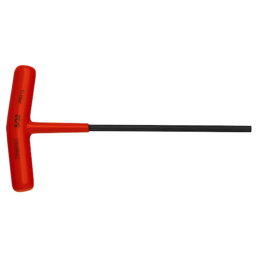 PROTO J46410 T-handle hex key with red handle and long black shaft, straight angle product photo.