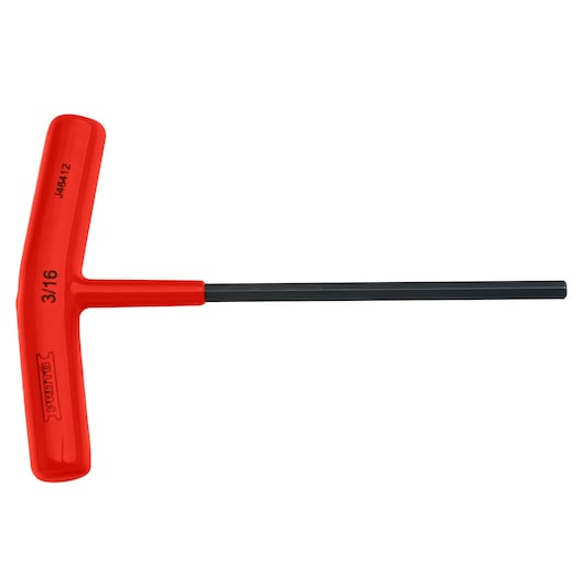 PROTO J46412 T-handle hex key with red handle and black shaft, front angle on white background.