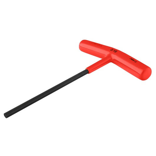 PROTO J46412 T-handle hex key with red handle and long black hex shaft, angled on white background.