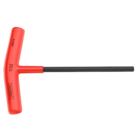 PROTO J46414 T-handle hex key with red handle and long black shaft, 7/32 inch size, straight angle on white background.