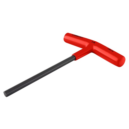 PROTO J46416 T-handle hex key with red handle and long black shaft, angled view on white background.