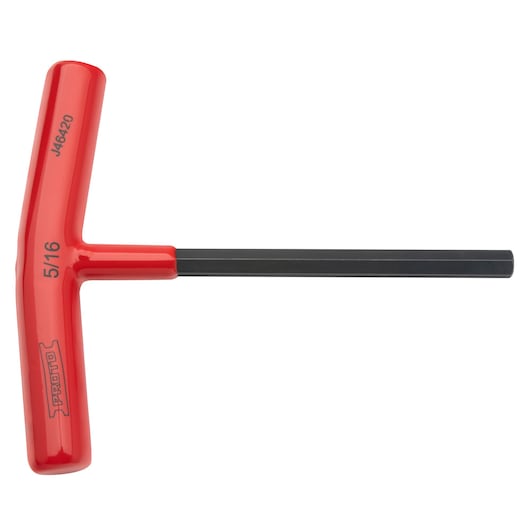 PROTO J46420 T-handle hex key with red handle and black shaft, product photography, top view.