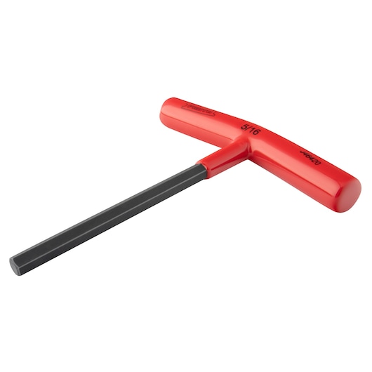 PROTO J46420 T-handle hex key with red handle and long black hex shaft, photography, side angle.