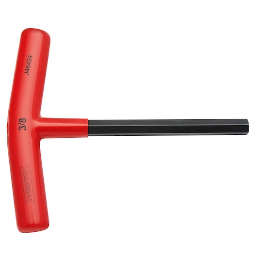 PROTO J46424 T-handle hex key with red handle and black shaft, right side view, white background.