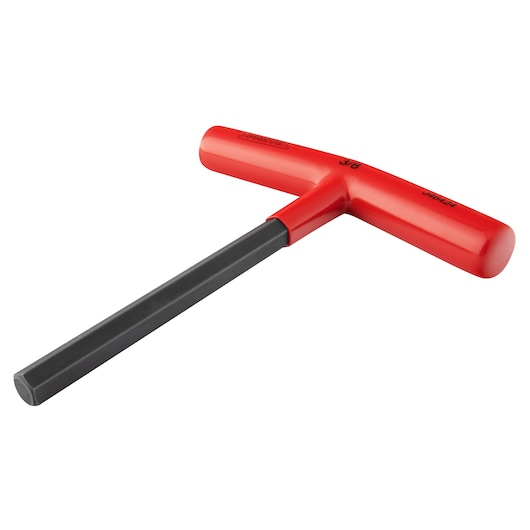 PROTO J46424 T-handle hex key with red handle and black shaft, angled on white background, hand tool.