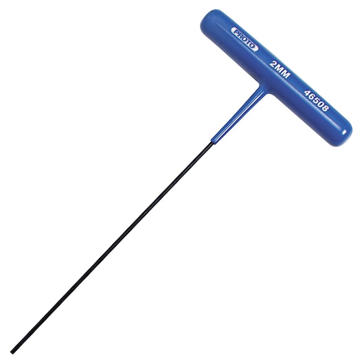 PROTO J46508 blue T-handle hex key, 2mm size, side angle on white background.