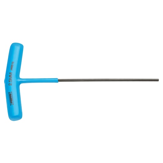 PROTO J46510 blue T-handle hex key 2.5mm, side view on white background.
