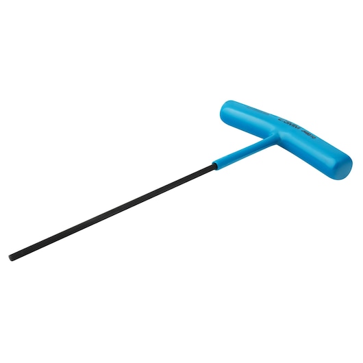 PROTO J46510 T-handle hex key with long black shaft and blue handle, product on white background, side angle.