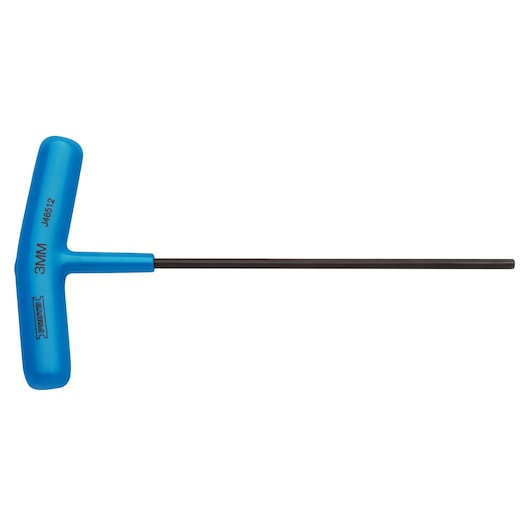PROTO J46512 T-handle hex key with blue handle and long black shaft, side view, white background.