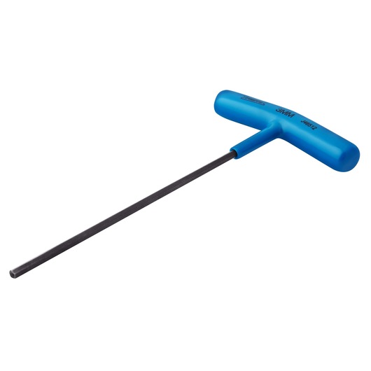 PROTO J46512 T-handle hex key with blue handle and long black shaft, angled on white background.