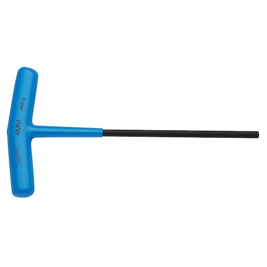 Photo of PROTO J46514 T-handle hex key with blue handle and black shaft, shown on white background, side view.