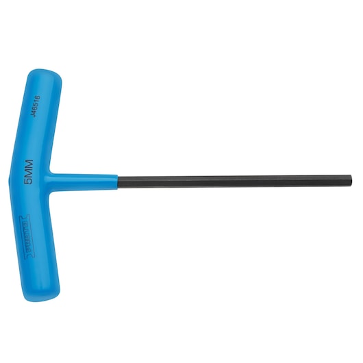PROTO J46516 blue T-handle hex key 5MM, photography of tool on white background, side angle.