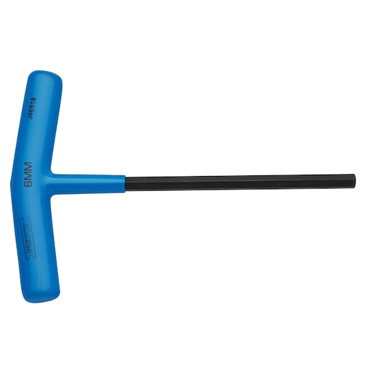 PROTO J46518 T-handle hex key with blue handle and 6mm hex shaft, side view on white background.