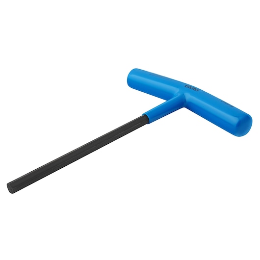 PROTO J46518 T-handle hex key with blue handle, photographed at an angle on white background.