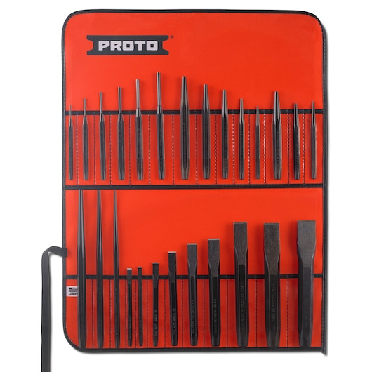 PROTO J46S2 chisel and punch set in orange tool roll, set of assorted black chisels and punches arranged in pockets, front view.