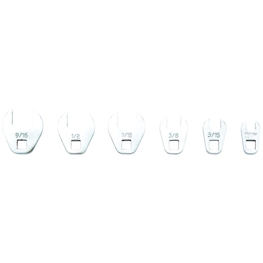 PROTO J47000CF open-end crowfoot wrench set with six chrome fittings, sizes from 1/4 to 9/16, front angle.