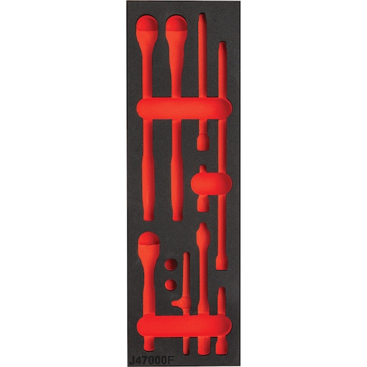 PROTO J47000F foam tool organizer tray in red and black, top angle, photography of empty slots for tools.
