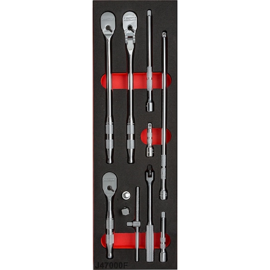 PROTO J47000K hand tool set with ratchets, extensions, and adapters in black foam tray, top-down view.