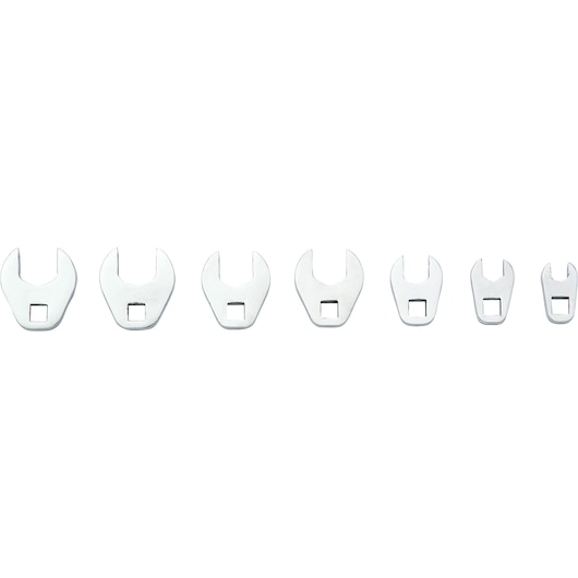PROTO J47000MCF open-end wrench head set, seven chrome heads, front angle on white background.