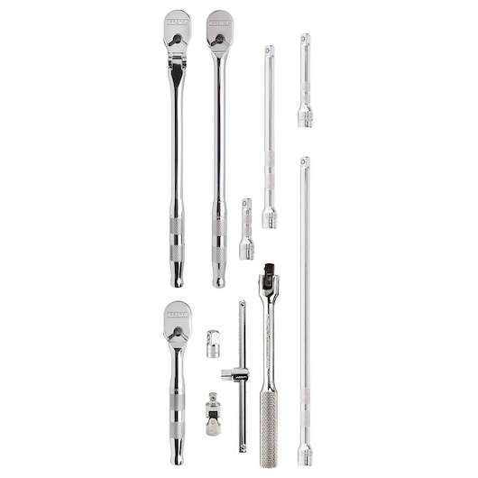 PROTO J47000S ratchet and socket accessory set, chrome finish, photo of tools on white background.