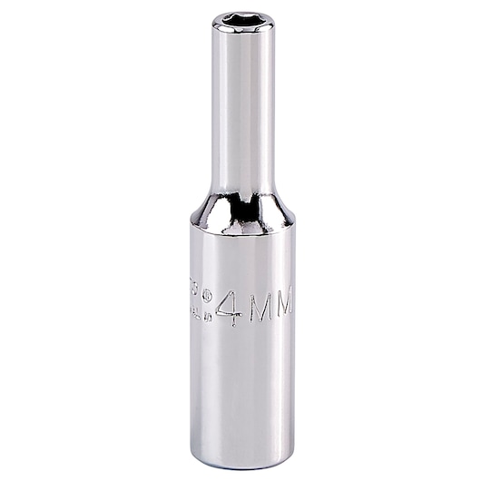 PROTO J4704LM chrome 4mm long hex socket, front view, photography on white background