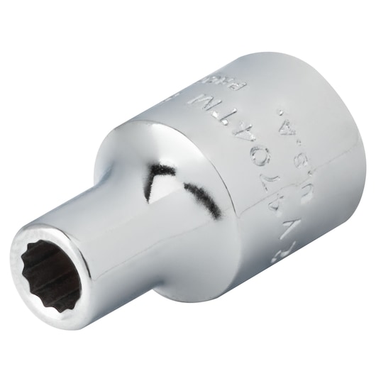 PROTO J4704TM polished chrome socket, side angle, shows 12-point opening and engraved branding.
