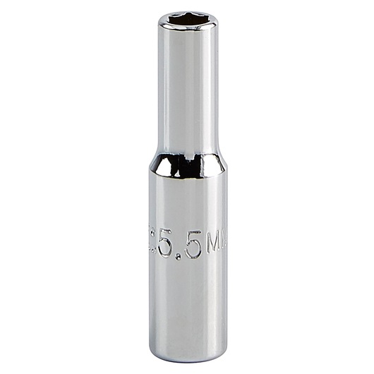 PROTO J47055LM chrome long 6-point socket, 5.5mm, product photo on white background, socket tool.