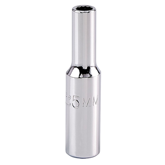PROTO J4705LTM chrome deep socket, 5mm size, photographed upright on white background.